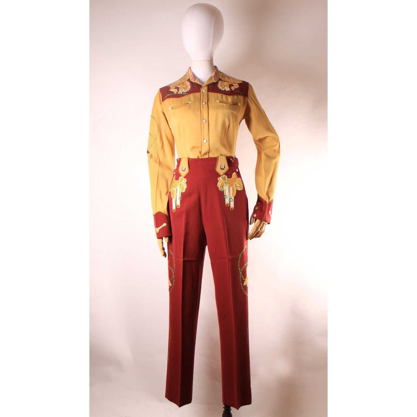 1940s 1950s Brown Cowgirl Novelty Horse Saddle Boots Longhorn High Waisted Pants and Pearl Snap Blouse Western Two Piece Outfit by Frontex
