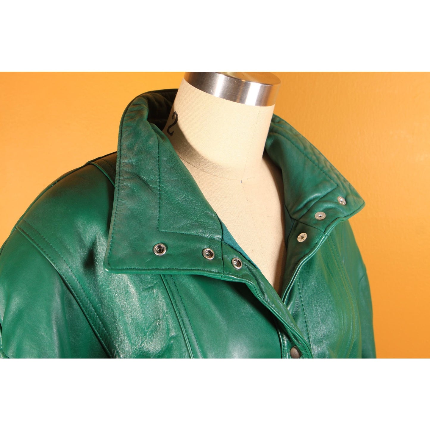 1980s Green Leather Metal Snap 3/4 Length Sleeve Jacket Coat