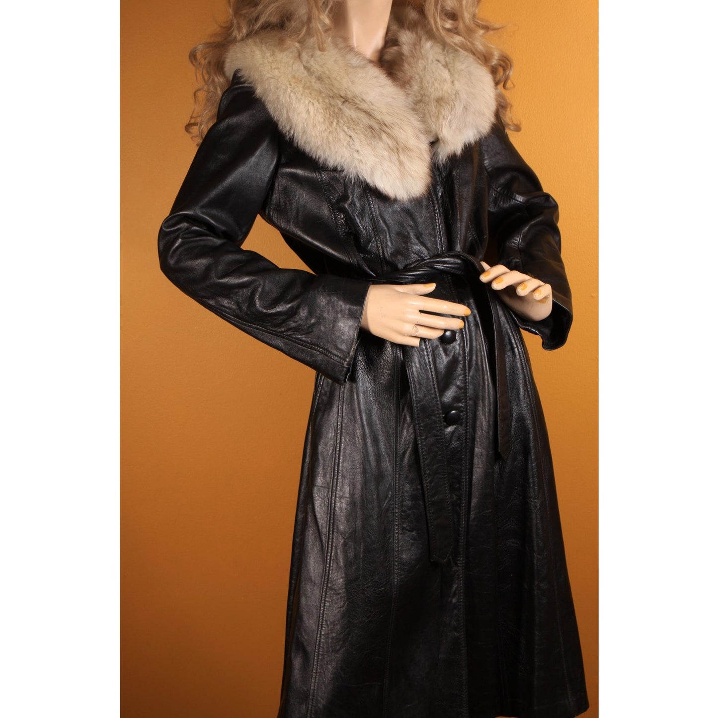 1970s Black Leather Long Sleeve Fox Fur Collar Trench Coat by Imperial -M-L
