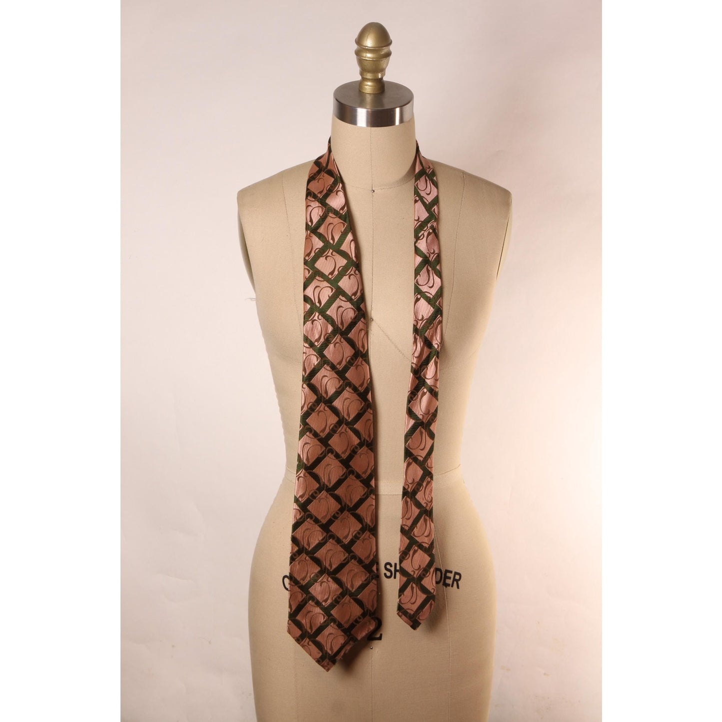 1970s Forest Green, Gold and Tan Plaid Swirl Wide Necktie Tie by Montgomery Ward