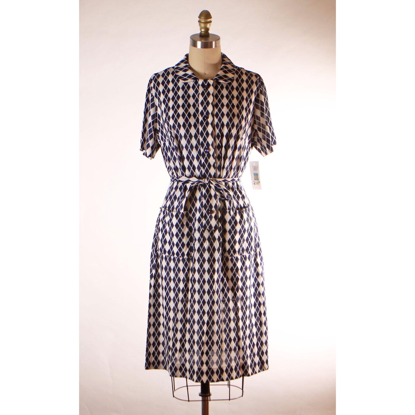 1960s Blue and White Harlequin Print Short Sleeve Belted Dress by RS Apparel -L
