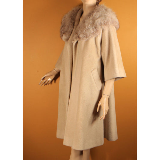 1950s Cream Tan Bracelet Sleeve Fox Fur Collar Swing Coat by Marce Original -M-L