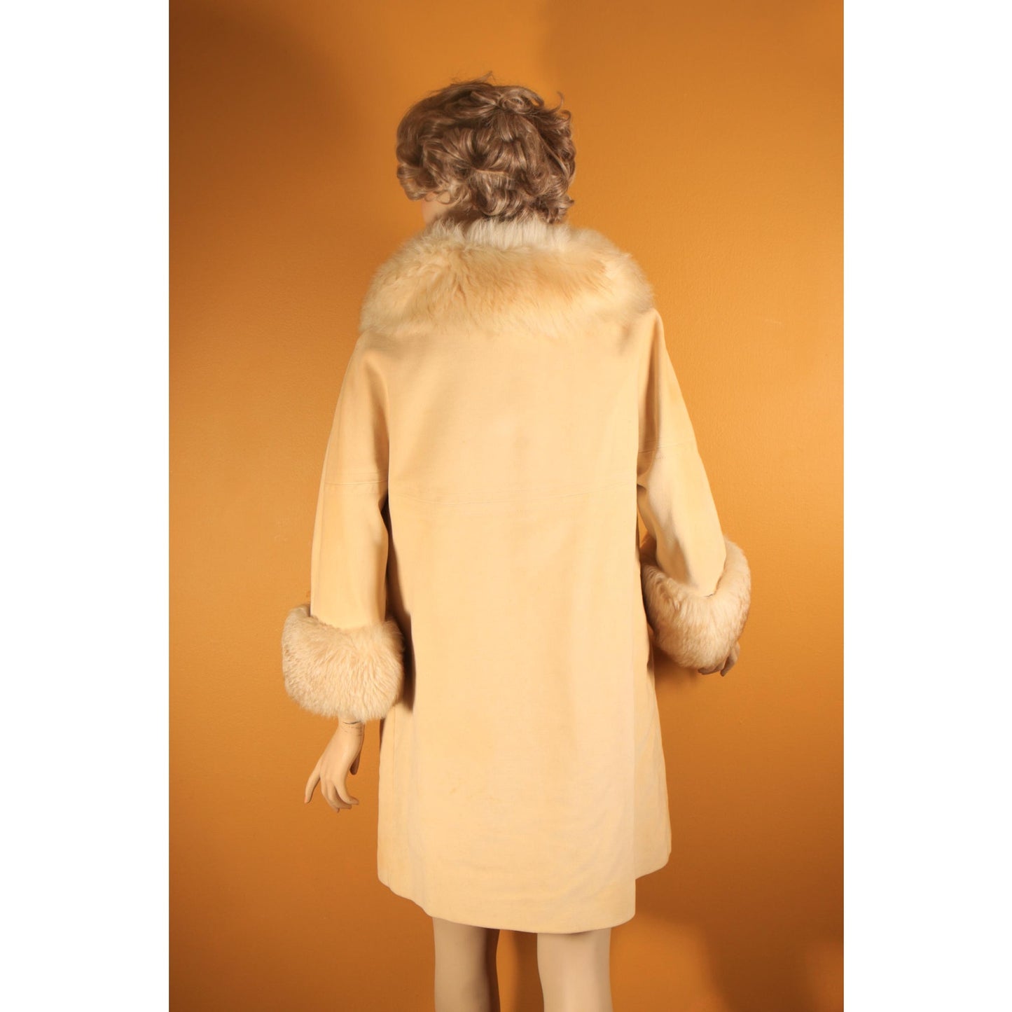 1960s Cream Tan Velvet Bracelet Sleeve Shearling Cuff and Collar Belted Coat by Country Pacer -M-L