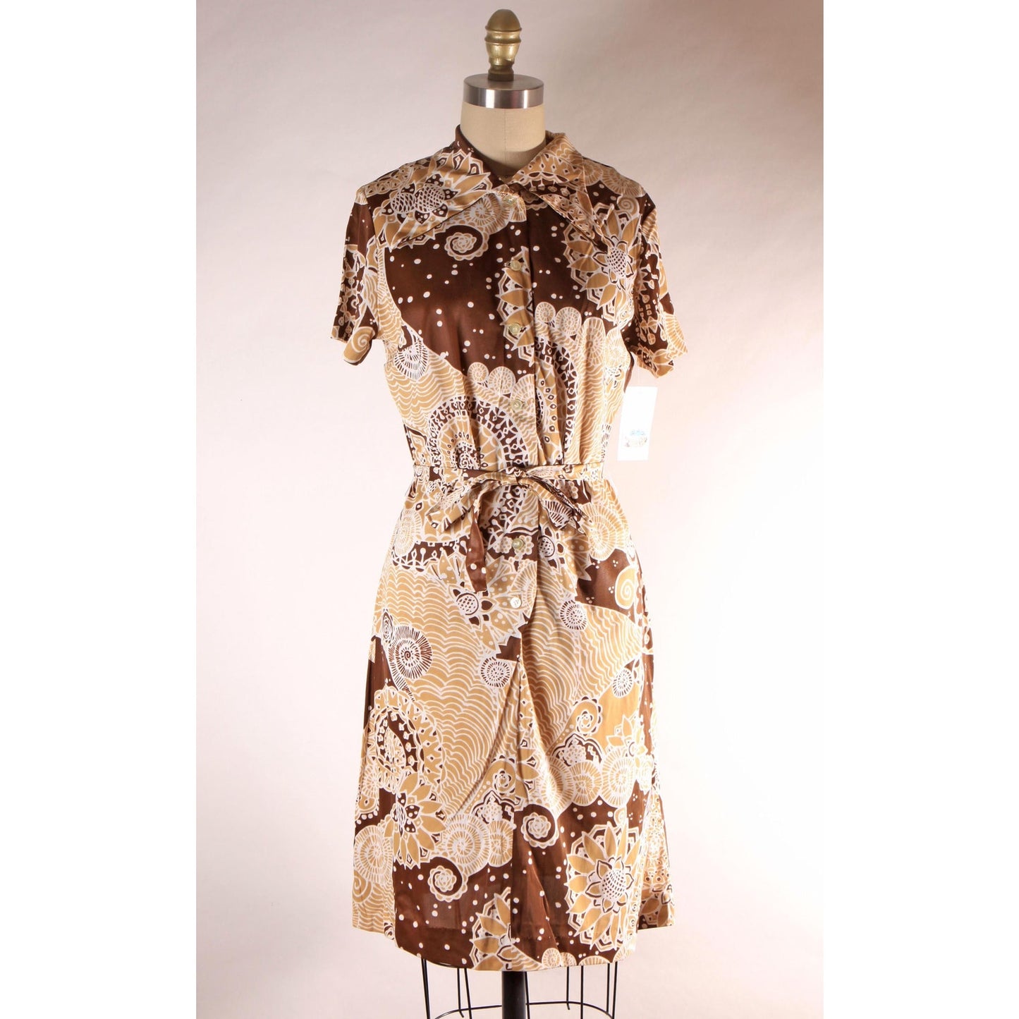 1960s Brown and Tan Psychedelic Abstract Swirl Short Sleeve Belted Dress -XL