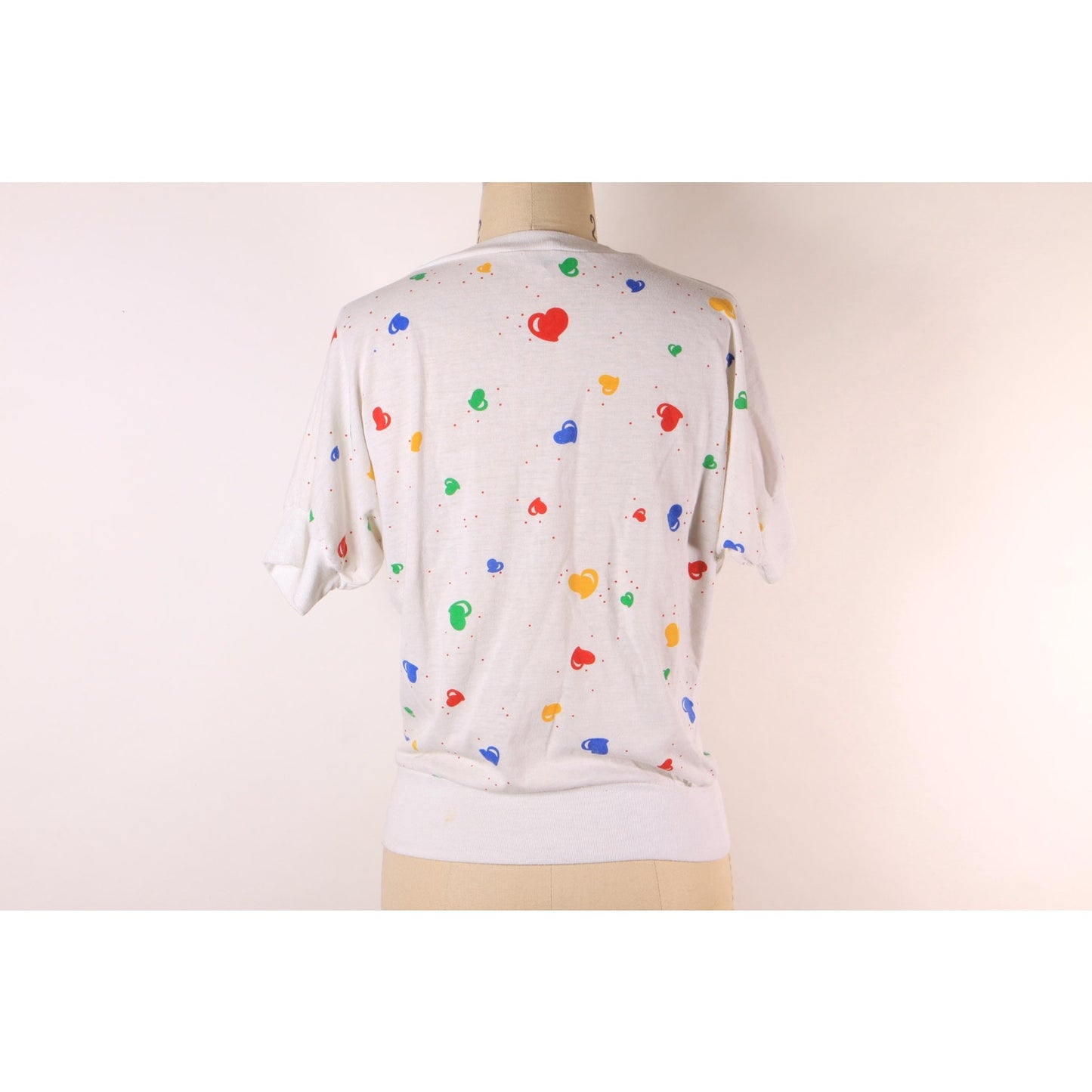 1980s White, Red, Yellow, Blue and Green Novelty Clowncore Heart Print Short Sleeve T-Shirt -S