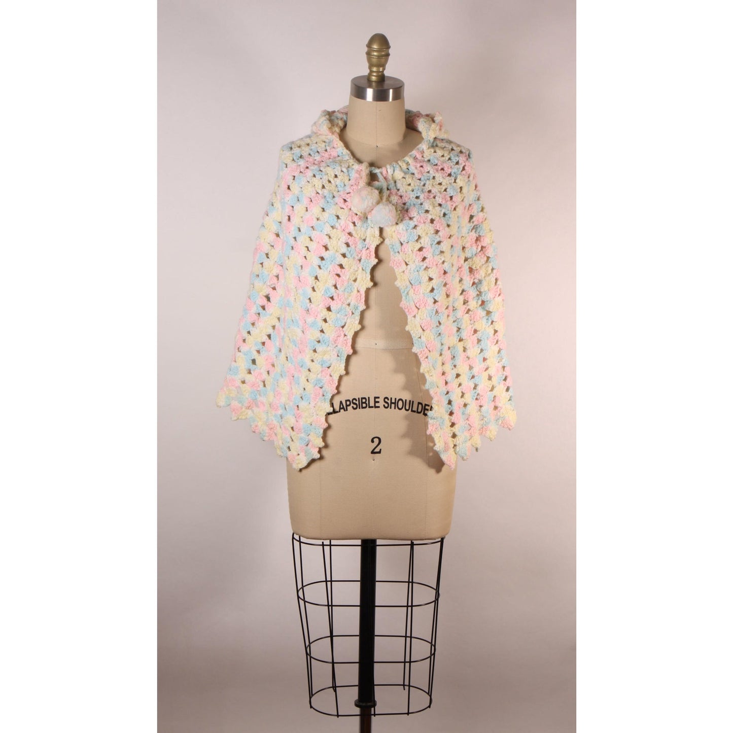 Late 1960s Early 1970s Pastel Pink, Blue and Yellow Crochet Pom Pom Hooded Hood Shawl Wrap