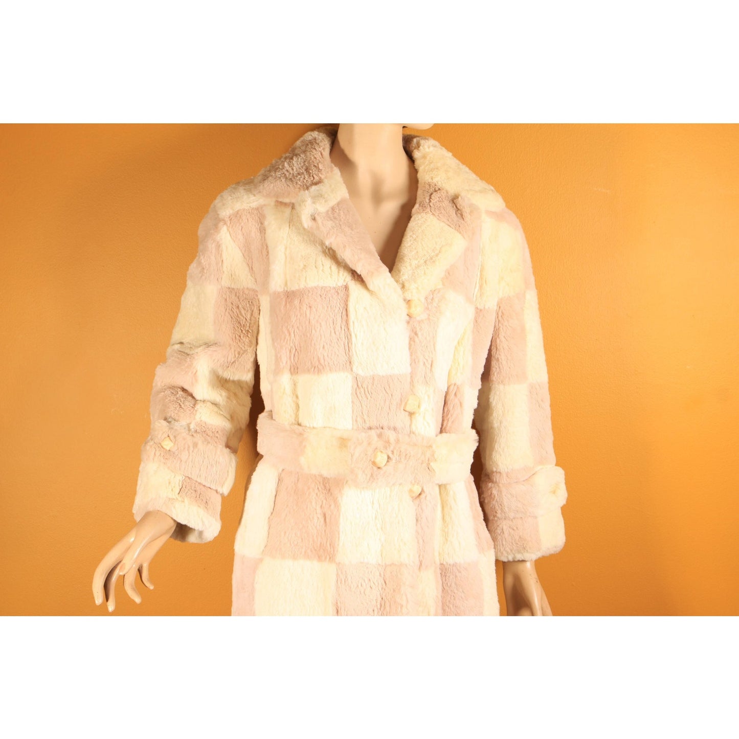 1960s Light Pink and White Sheared Dyed Chinchilla Fur Checkerboard Mod Belted Coat by Famous Barr -M-L