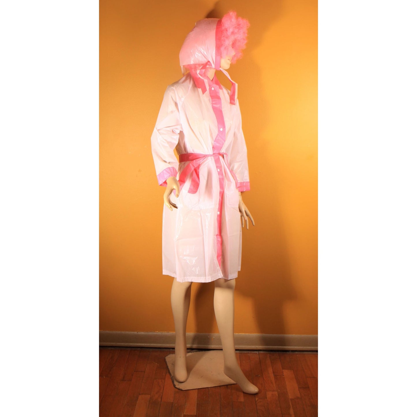 Deadstock 1950s Two Tone Pink Metal Snap Belted Raincoat with Matching Rain Bonnet -S