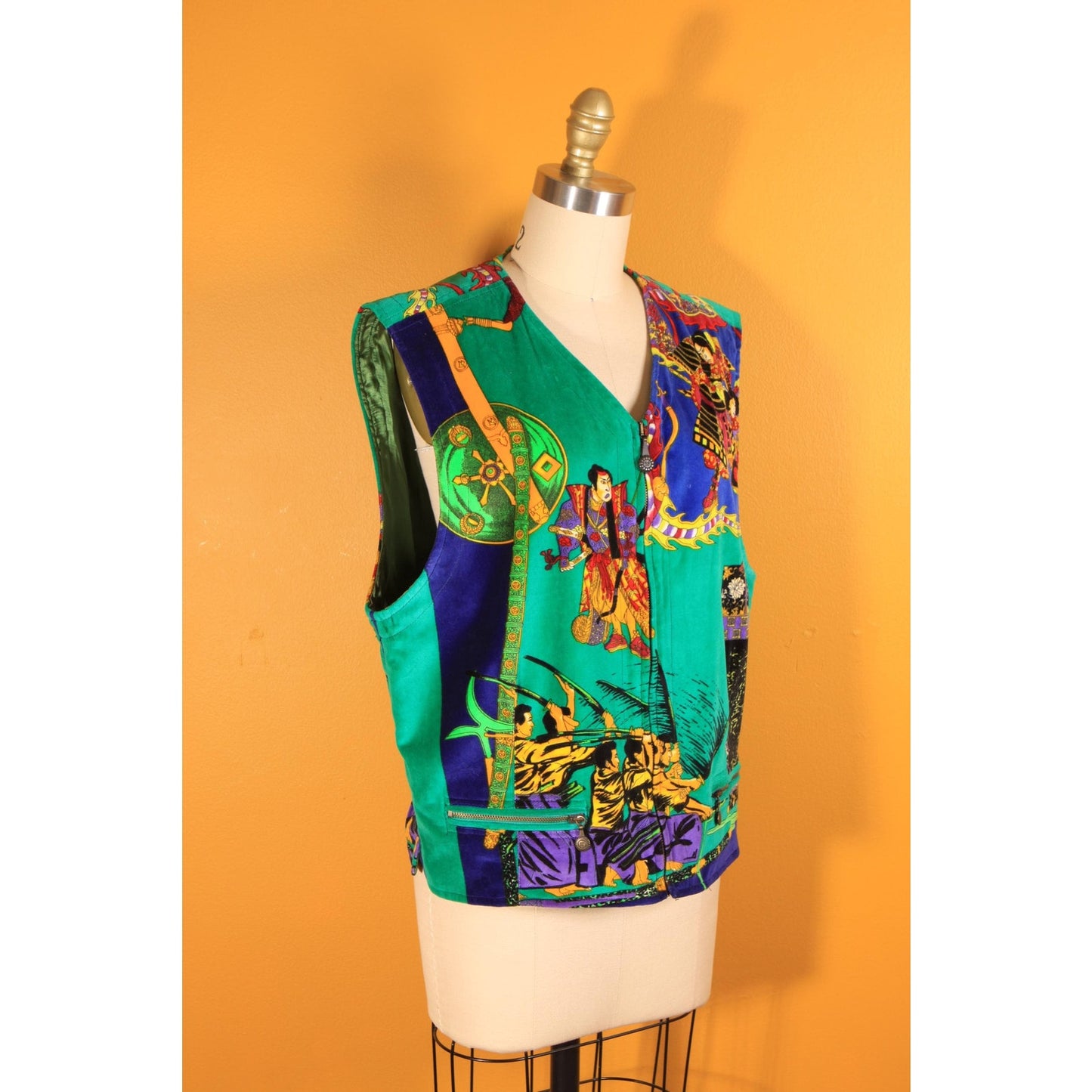 1990s Green and Multi-Colored Novelty Velvet Japanese Samurai Zip Up Vest by Versace Sport -XL-2XL