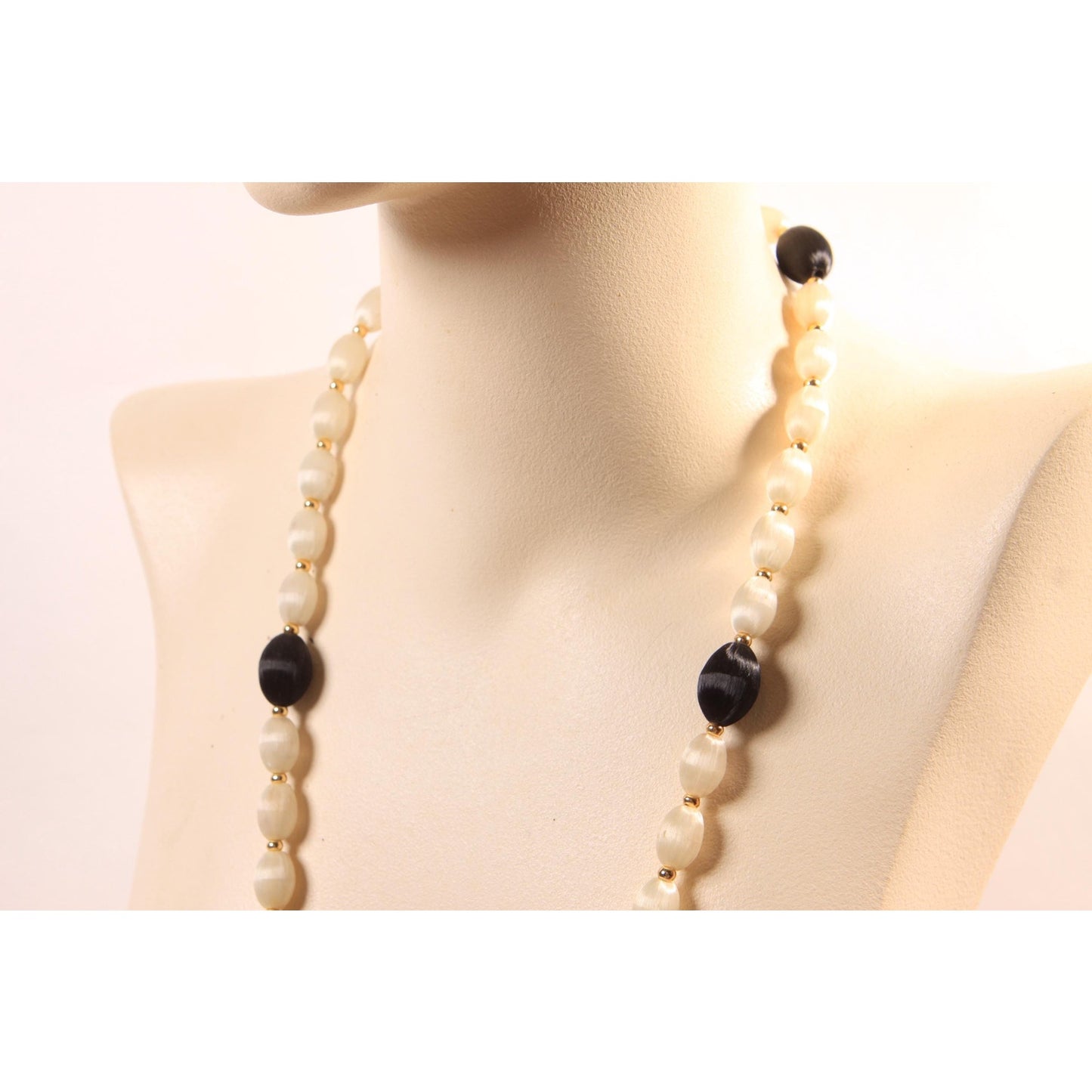1960s White, Black and Gold Tone Metal Satin Circle Beaded Necklace