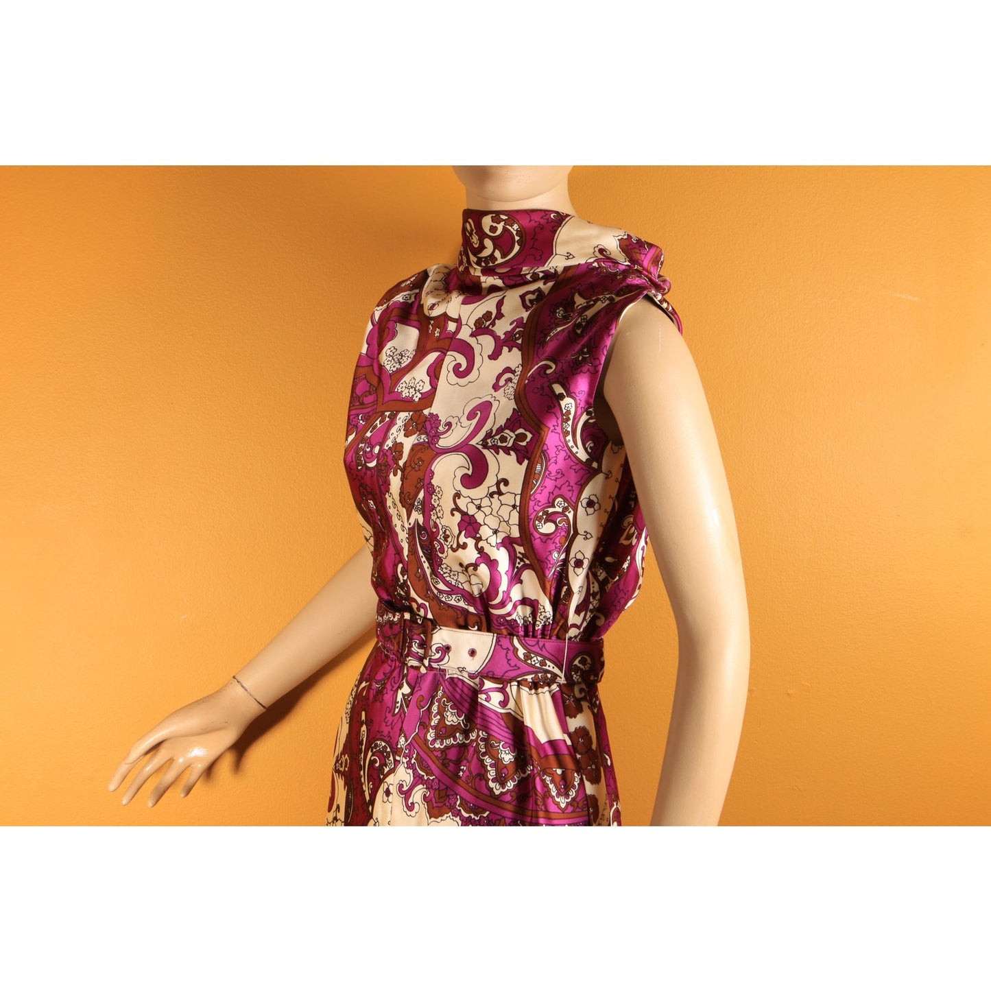 1960s Purple, White, Black Brown Psychedelic Swirl Sleeveless Belted Dress with Matching Long Sleeve Jacket Two Piece Outfit by Leo Narducci