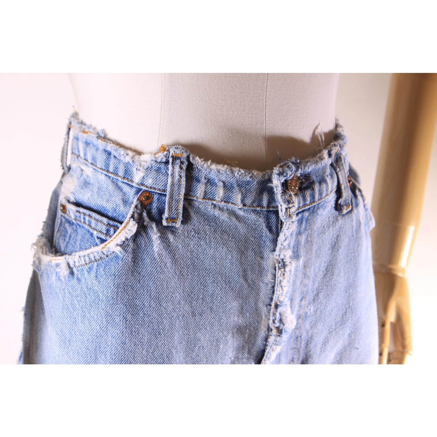 1980s Distressed Patch Fraying Blue Denim Orange Tab 517 Jeans by Levi's -38x29