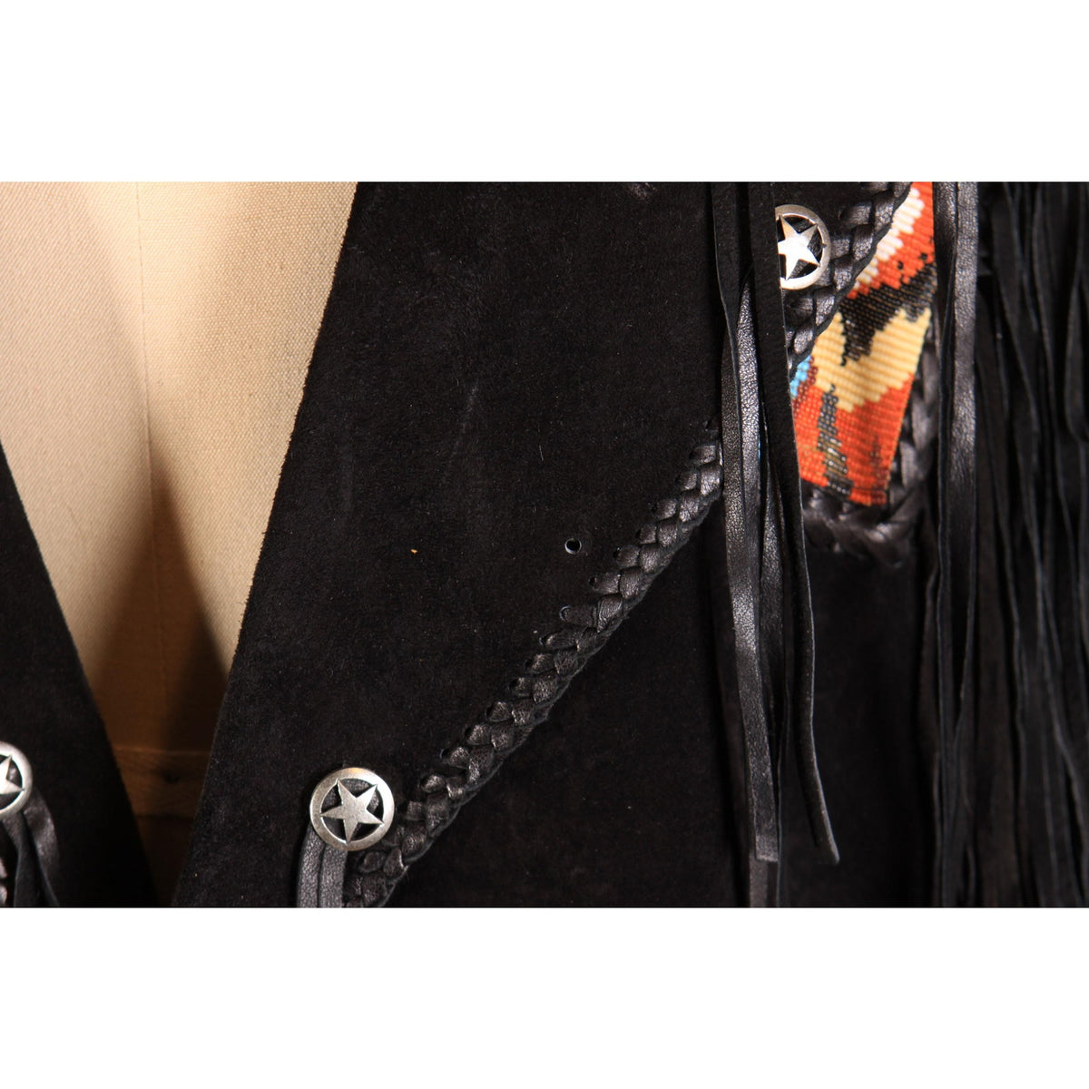 1980s Black Suede Leather Star Embellishments Novelty Beaded Wolf Fox Blue and Red Fringe Mens Western Coat by Diamond Leathers
