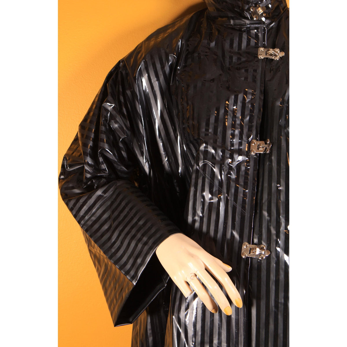 1980s Black Striped Long Sleeve Vinyl Metal Hardware New Wave Goth Raincoat by Waterfalls