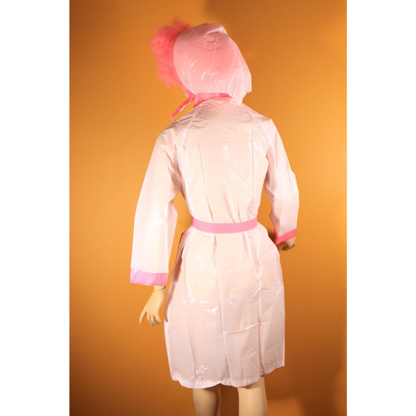 Deadstock 1950s Two Tone Pink Metal Snap Belted Raincoat with Matching Rain Bonnet -S