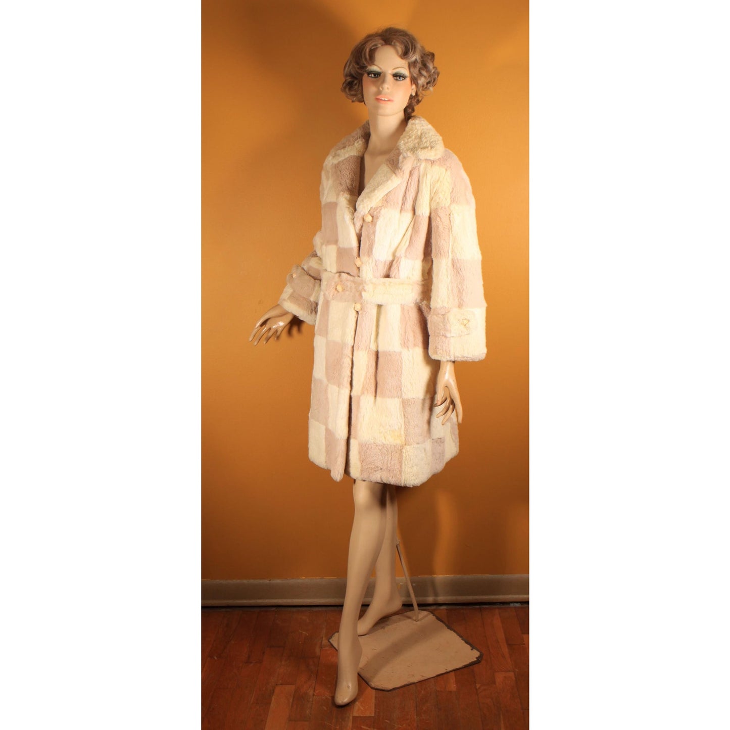 1960s Light Pink and White Sheared Dyed Chinchilla Fur Checkerboard Mod Belted Coat by Famous Barr -M-L