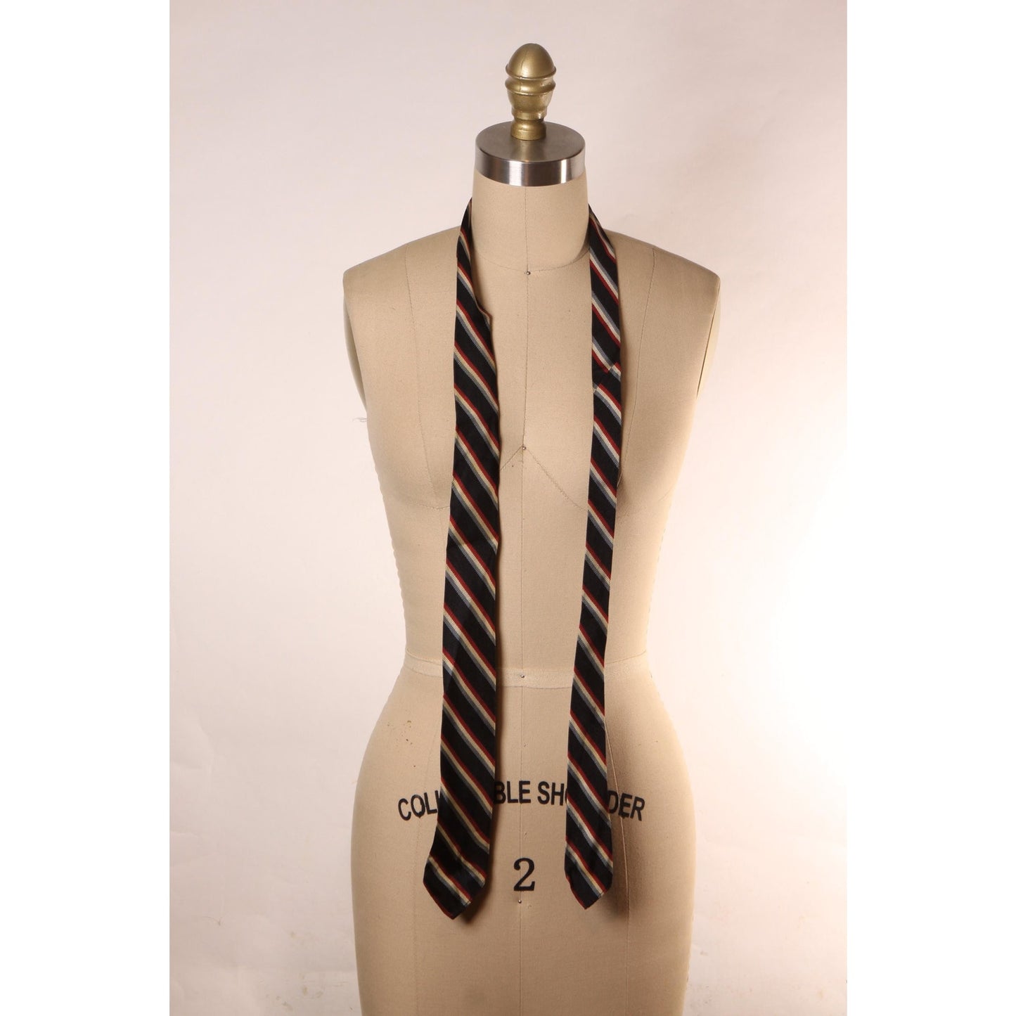 1960s Black, Blue, White and Red Silk Striped Skinny Necktie Tie by Maurice Anderson