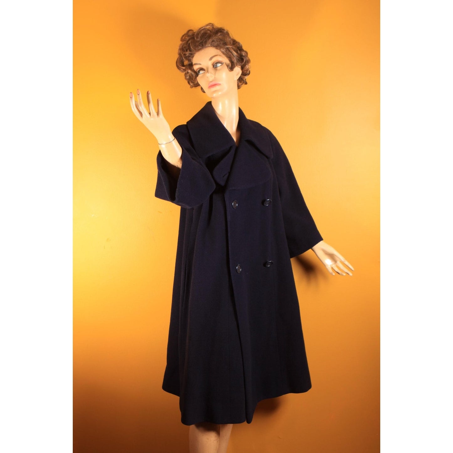 1950s Navy Blue Long Sleeve Button Up Pea Coat by Traina-Norell -XL
