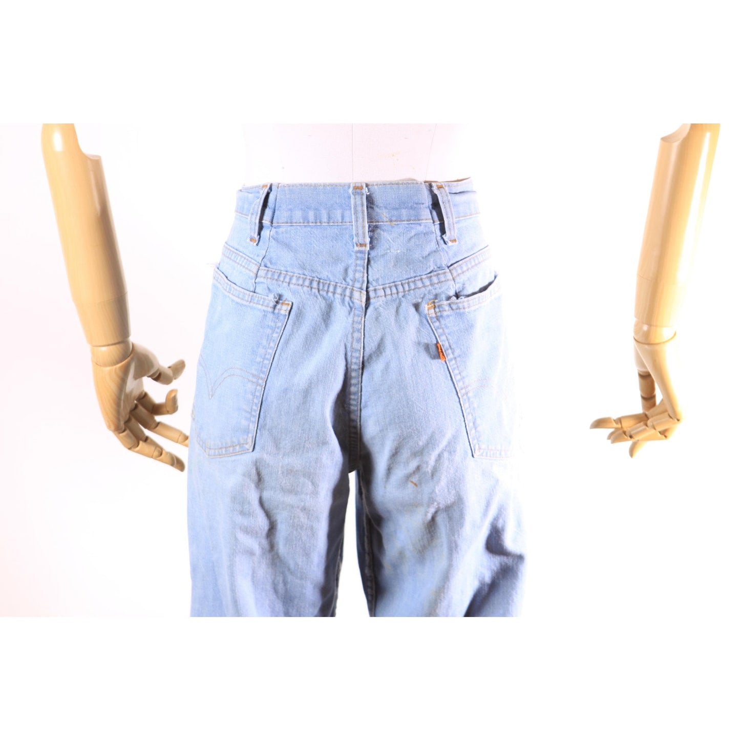 1970s Blue Light Wash Flared Button Fly Denim Orange Tab Jeans by Levi's