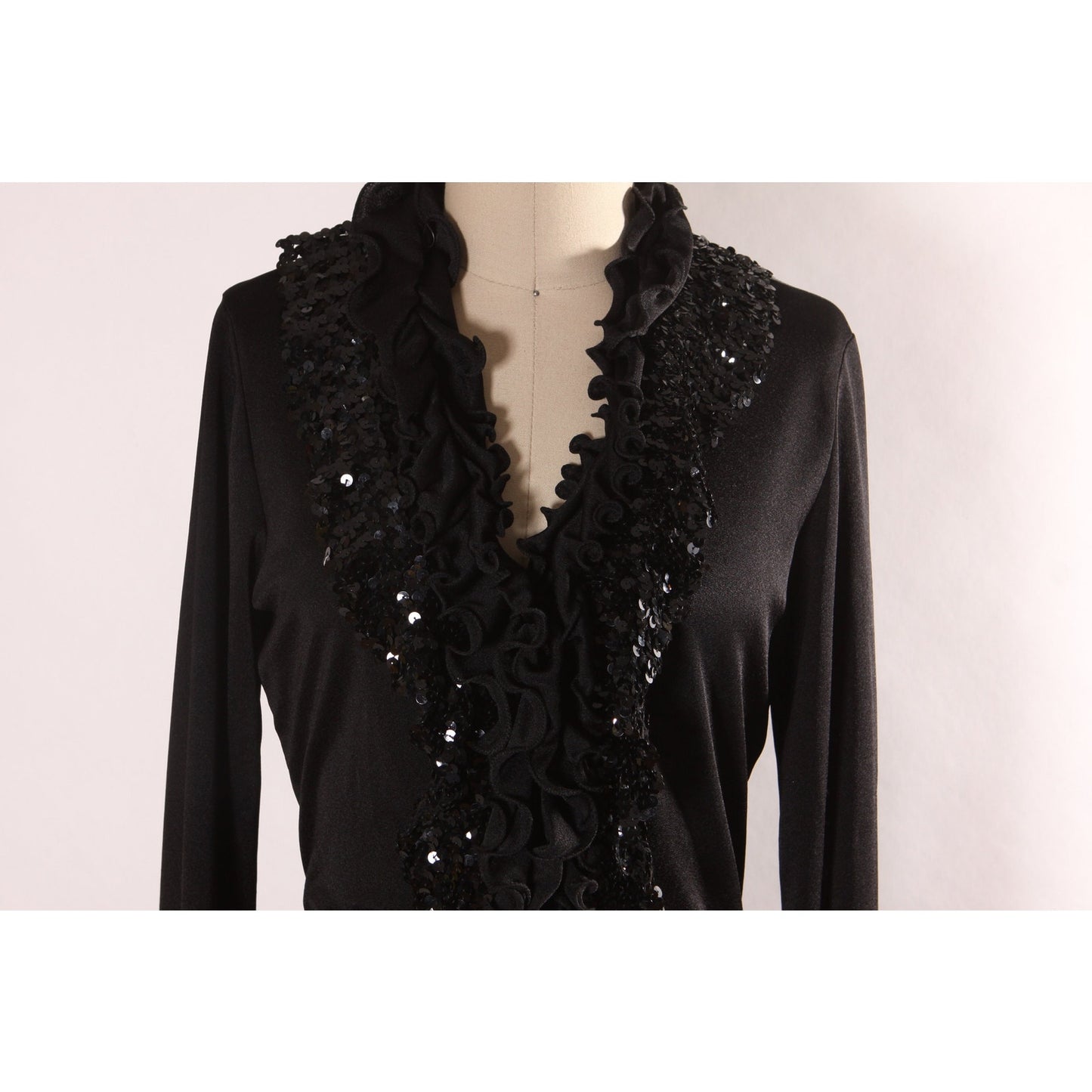 1970s Black Long Sleeve Ruffle Collar Sequin Detail Full Length Middle Slit Dress by Lynn Stevens -L