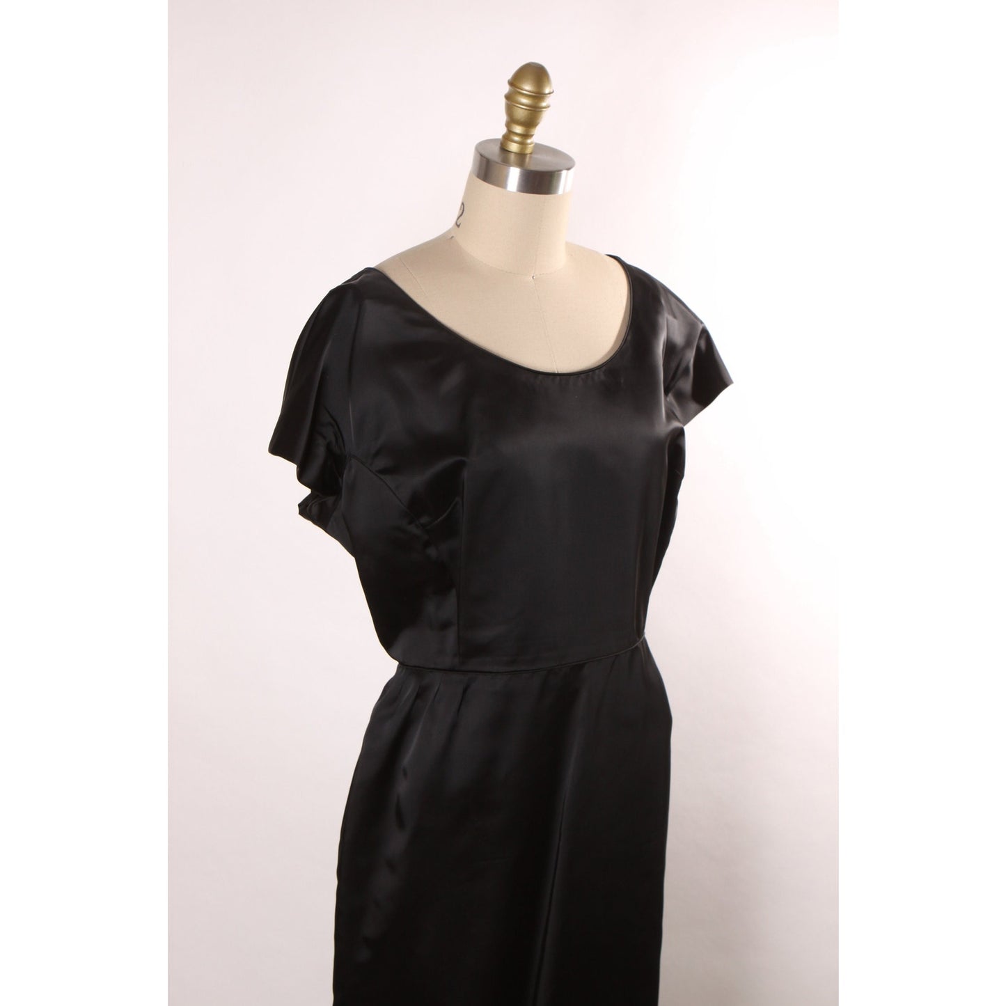 1960s Black Satin Short Sleeve Full Length Dress -XL