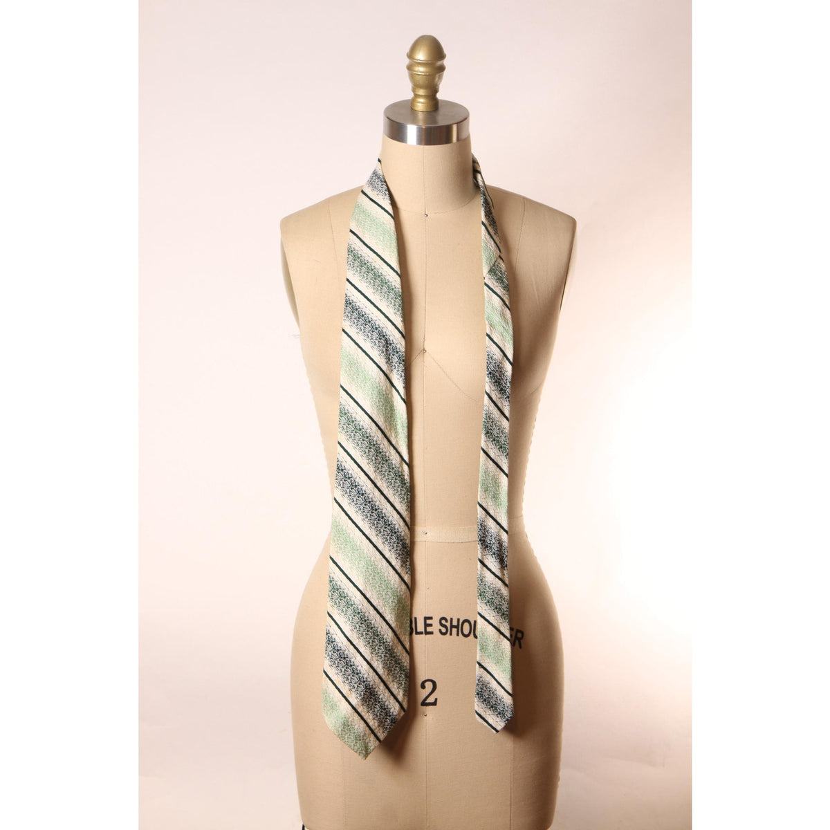 1970s Light Green and Dark Green and White Striped Wide Necktie Tie by Qiana by Regal