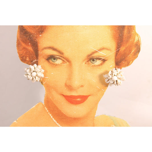 1950s White Glass Floral Shape Screw Back Earrings