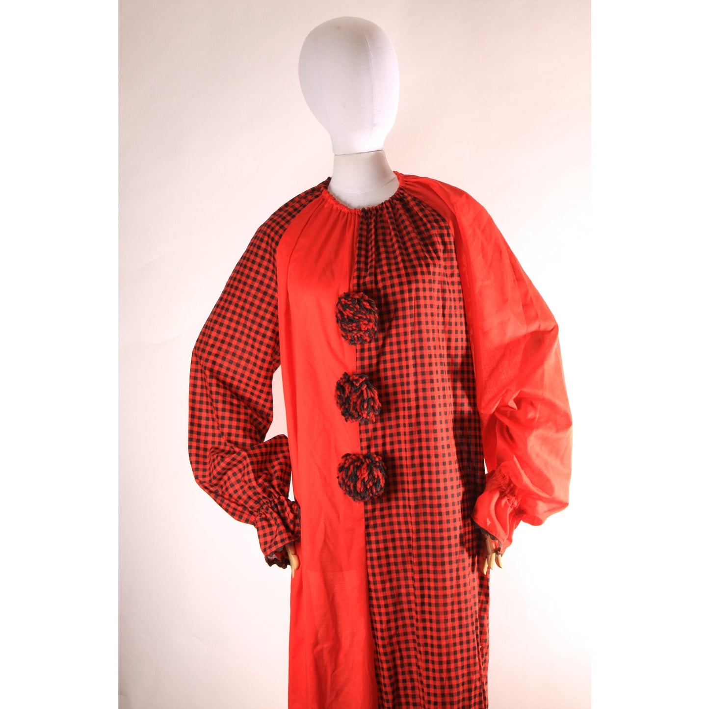 1970s Red and Black Plaid One Piece Pom Pom Halloween Clown Costume