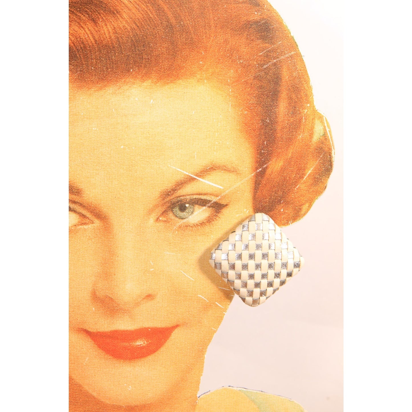 1980s Cream and Silver Leather Woven Oversized Geometric Square Pierced Earrings