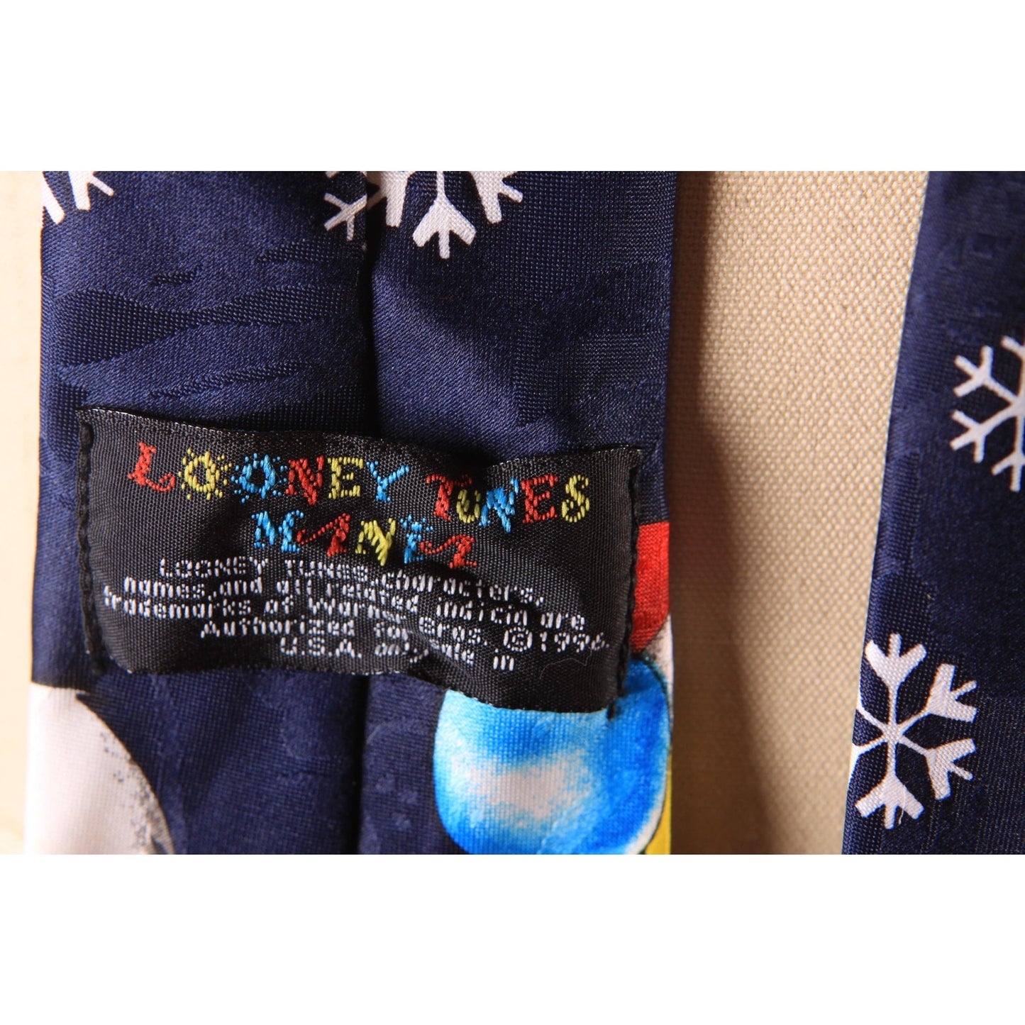 1990s Blue Novelty Tweety Bird and Sylvester Snowman Necktie by Looney Tunes Mania