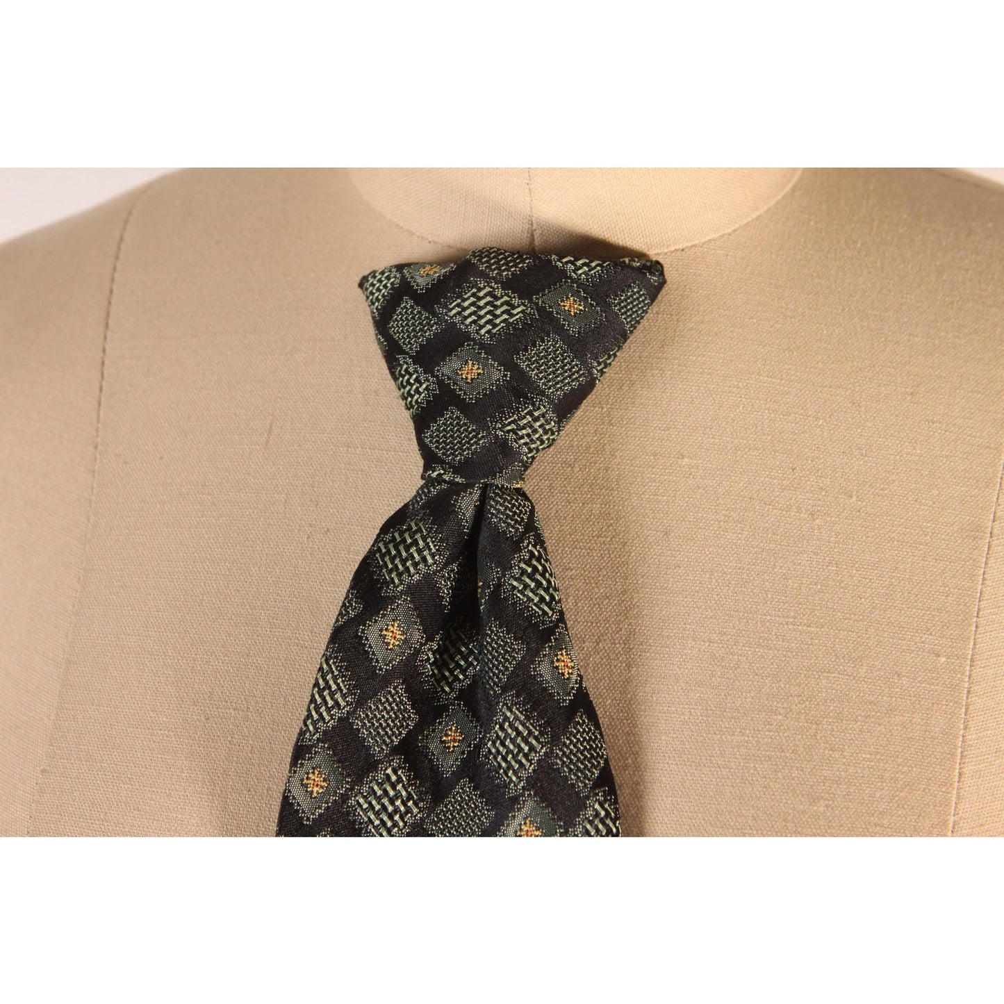 1960s Green and Yellow Geometric Clip On Necktie Tie by Rhynecliffe