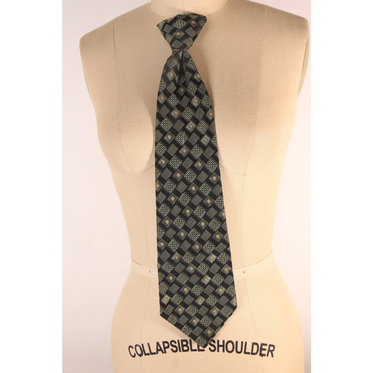 1960s Green and Yellow Geometric Clip On Necktie Tie by Rhynecliffe