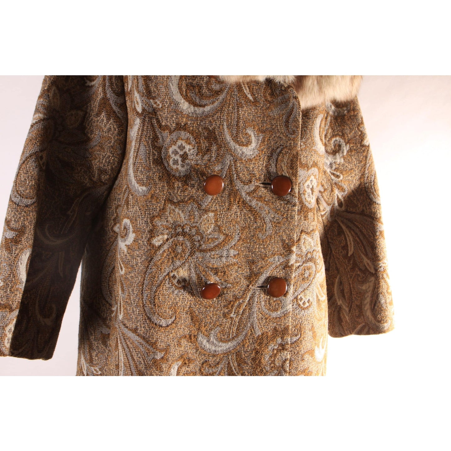 1960s Brown and Blue Gray Swirl Paisley Tapestry Fox Fur Collar Carpet Coat