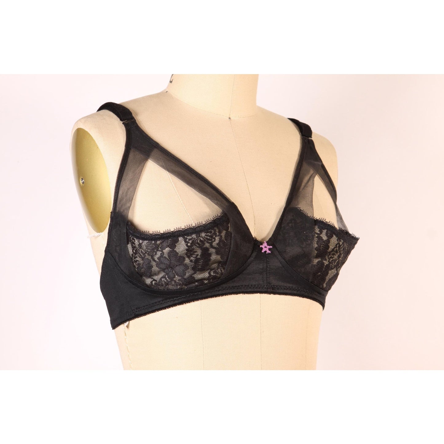 1970s Black Open Cup Sheer Floral Lace Trim Pink Star Detail Shelf Bra by Fredericks of Hollywood-38