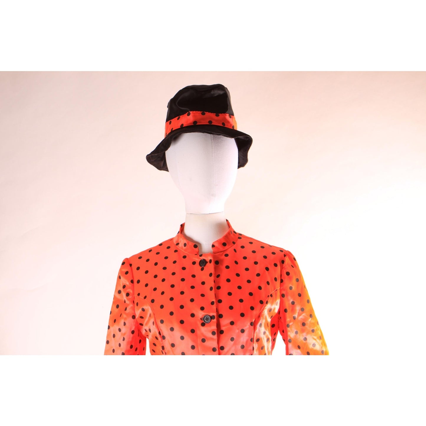1970s 1980s Hot Pink and Black Satin Polka Dot Long Sleeve Button Down Blouse Jacket with Matching Hat Costume -L