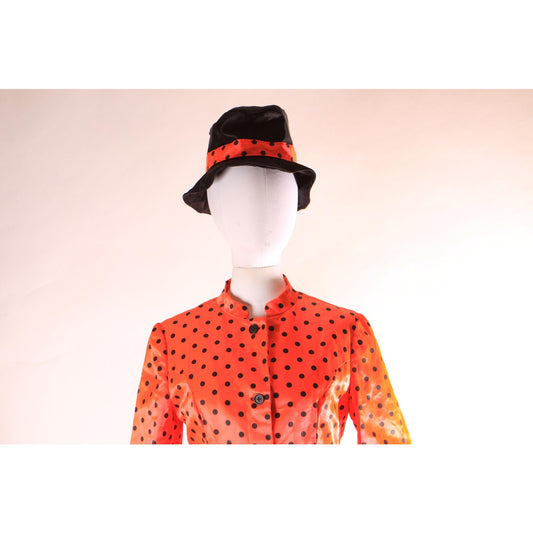 1970s 1980s Hot Pink and Black Satin Polka Dot Long Sleeve Button Down Blouse Jacket with Matching Hat Costume -L