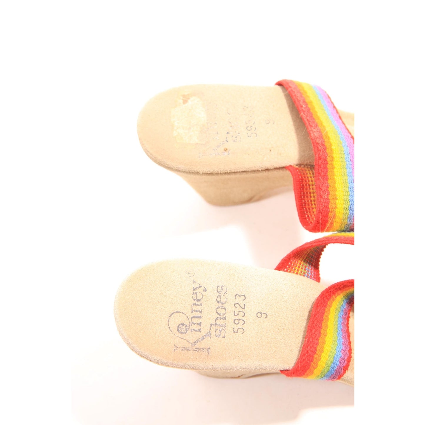 1970s 1980s Rainbow Strap Wedge High Heel Sandals by Kinney Shoes - Size 9