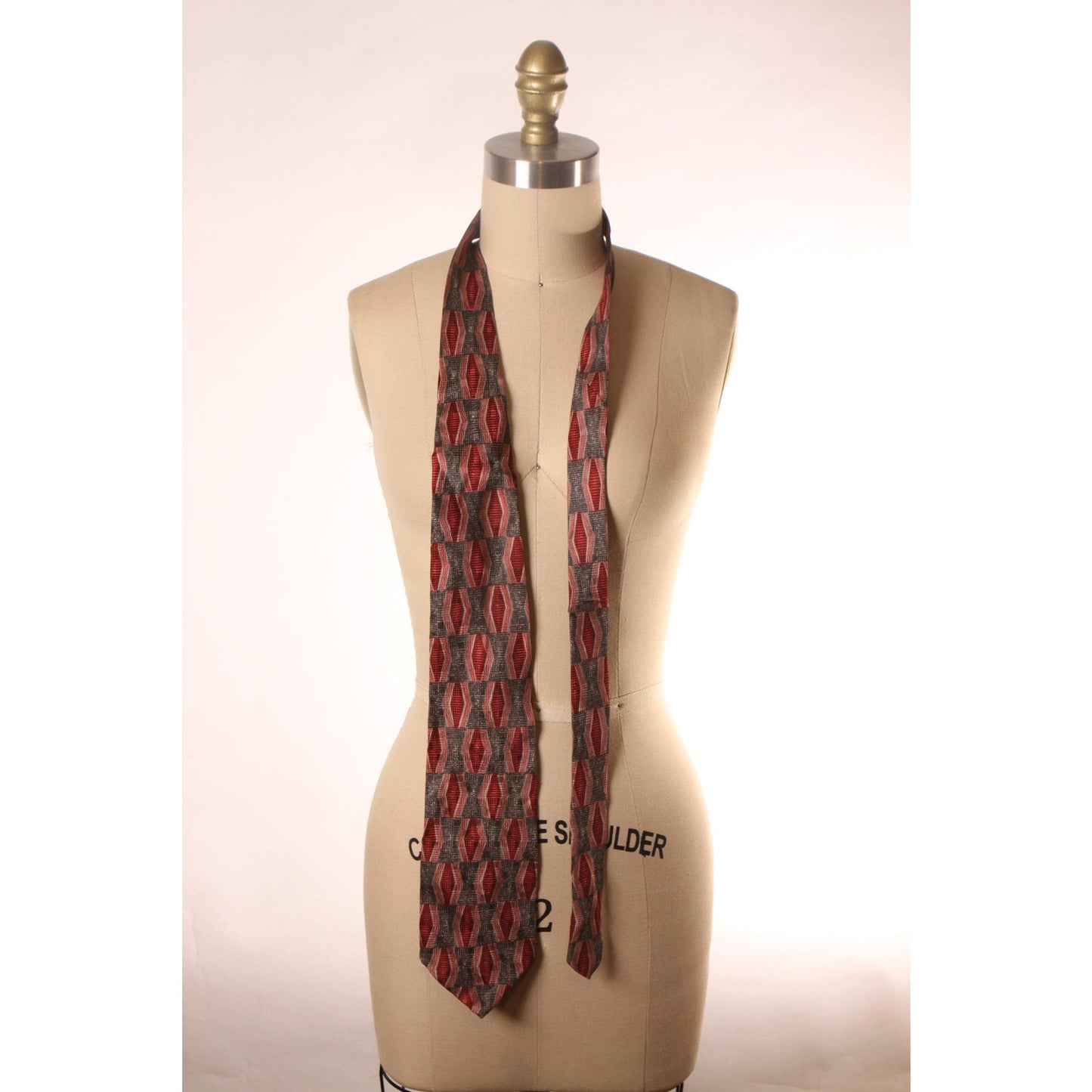 1980s Red and Gray Abstract Print Necktie Tie by Geoffrey Beene