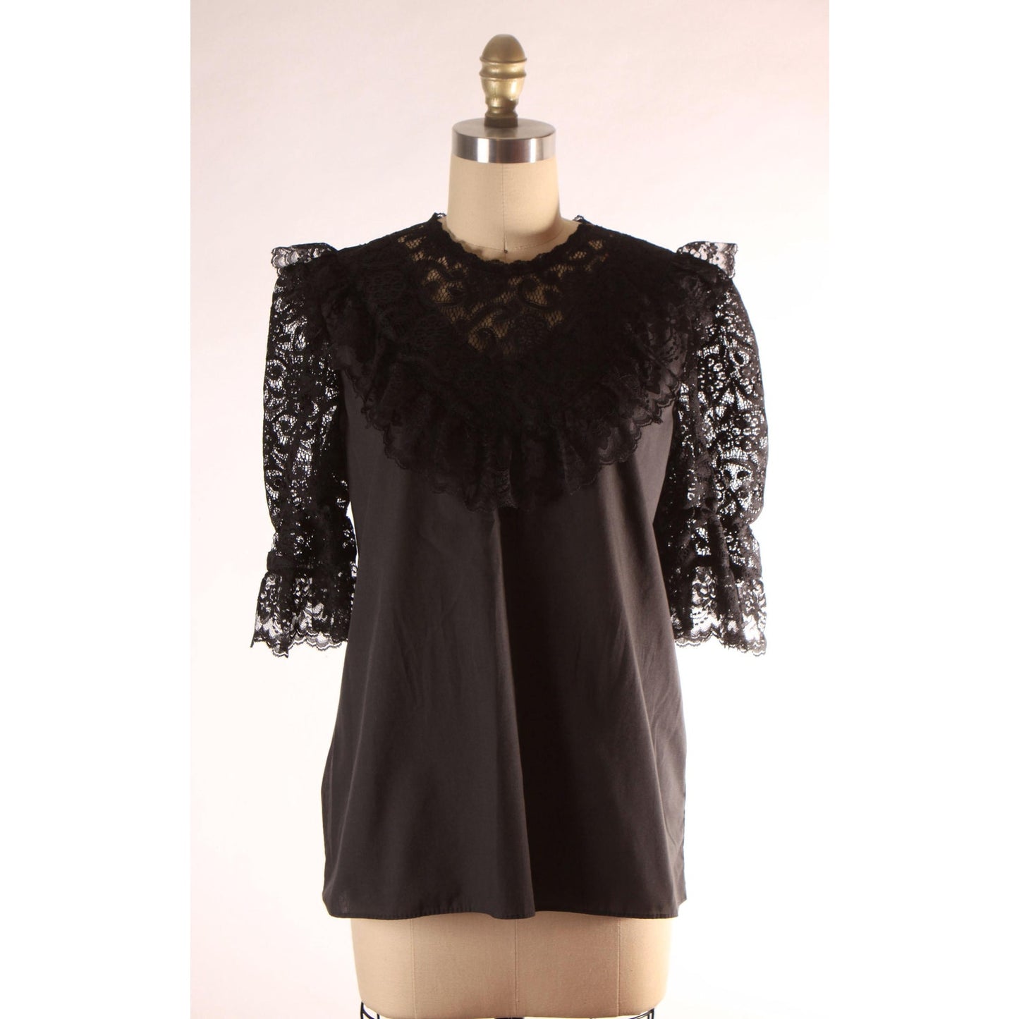 1970s Early 1980s Black Sheer Lace Puffy Sleeve Square Dance Gothic Blouse by Square Up -S