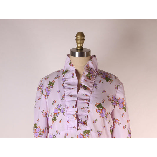 1970s Purple Floral Flower Print Long Statement Sleeve Ruffle Collar Maxi Dress -M