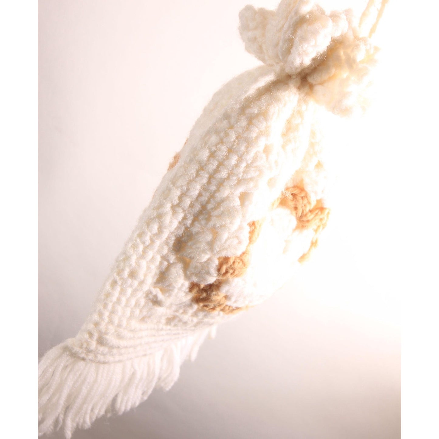 1970s White and Tan Granny Square Crochet Drawstring Fringe Purse Bag