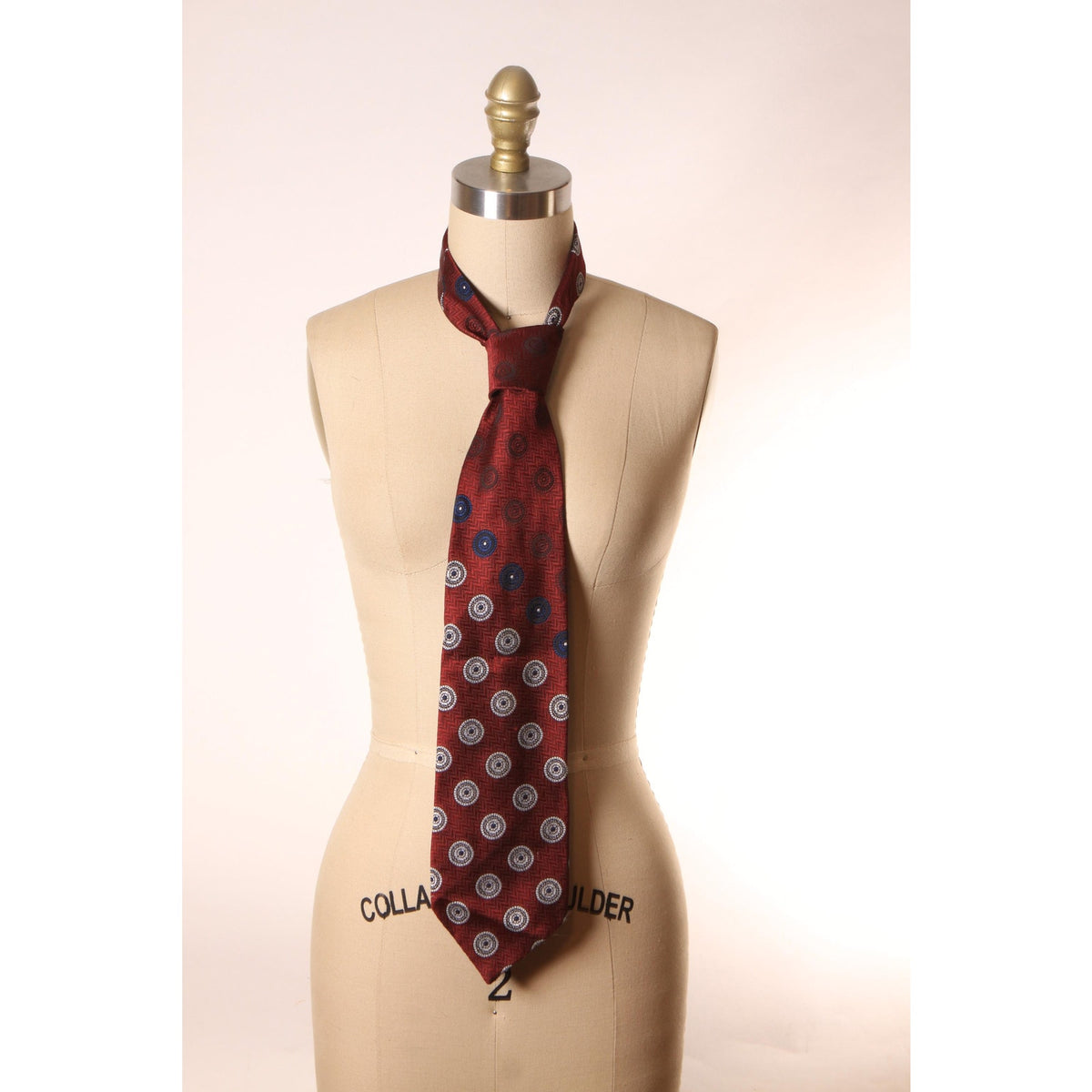1970s Dark Red, Navy Blue and White Polyester Geometric Circle Wide Necktie Tie by Marx by Damon