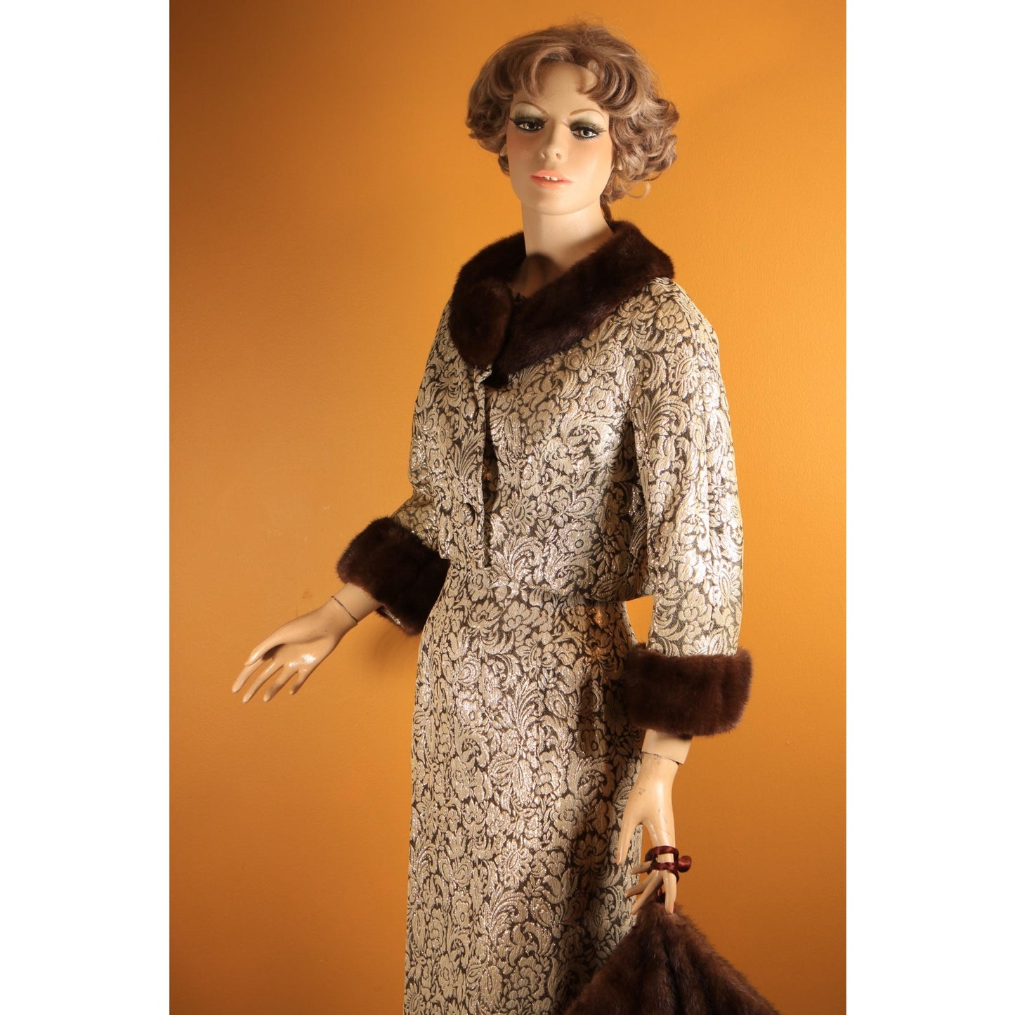 Early 1950s Gold & Brown Lurex Floral Mink Fur Trim Sleeveless Cocktail Dress with Matching Cropped Jacket and Muff by Terry Allen Original