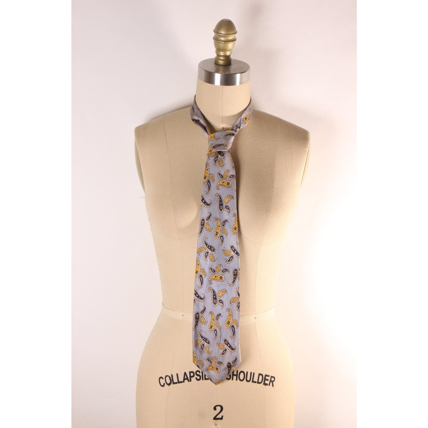 1950s 1960s Gray, Yellow and Navy Blue Paisley Necktie Tie