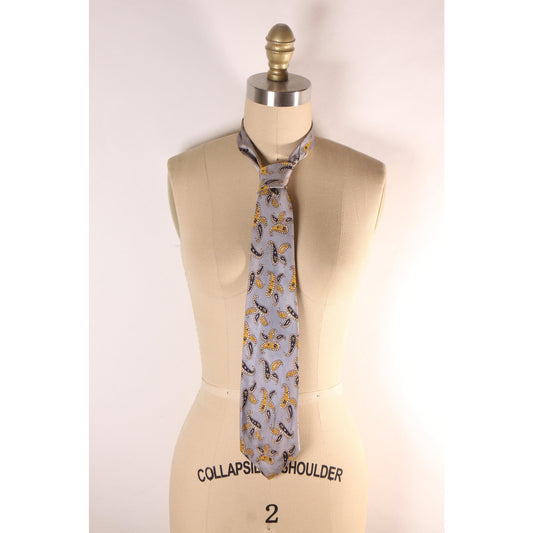 1950s 1960s Gray, Yellow and Navy Blue Paisley Necktie Tie