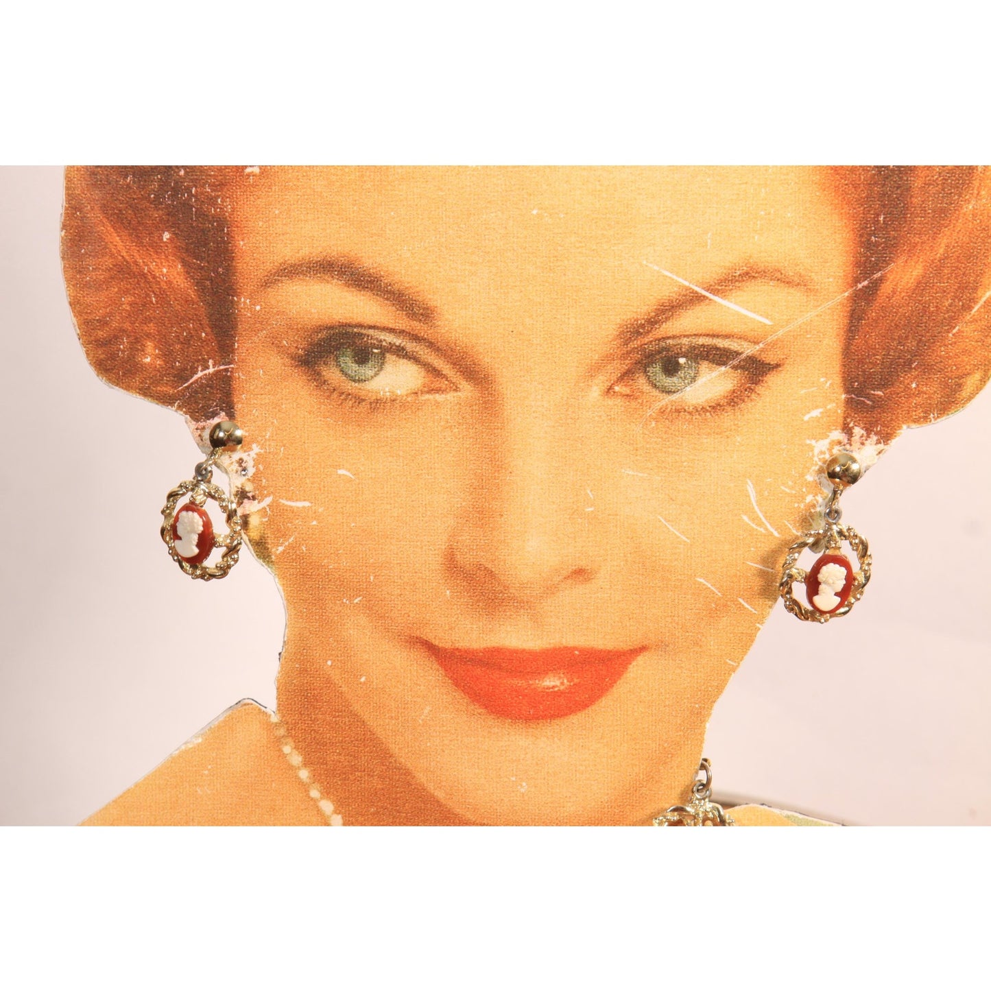 1950s Gold Tone Metal Cameo Screw Back Earrings with Matching Necklace Pendant