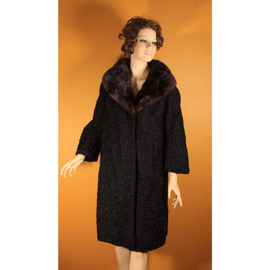 1950s Black Persian Lamb Fur and Mink Fur Trim Collar Long Sleeve Coat by Le Don Original Furs -M-L