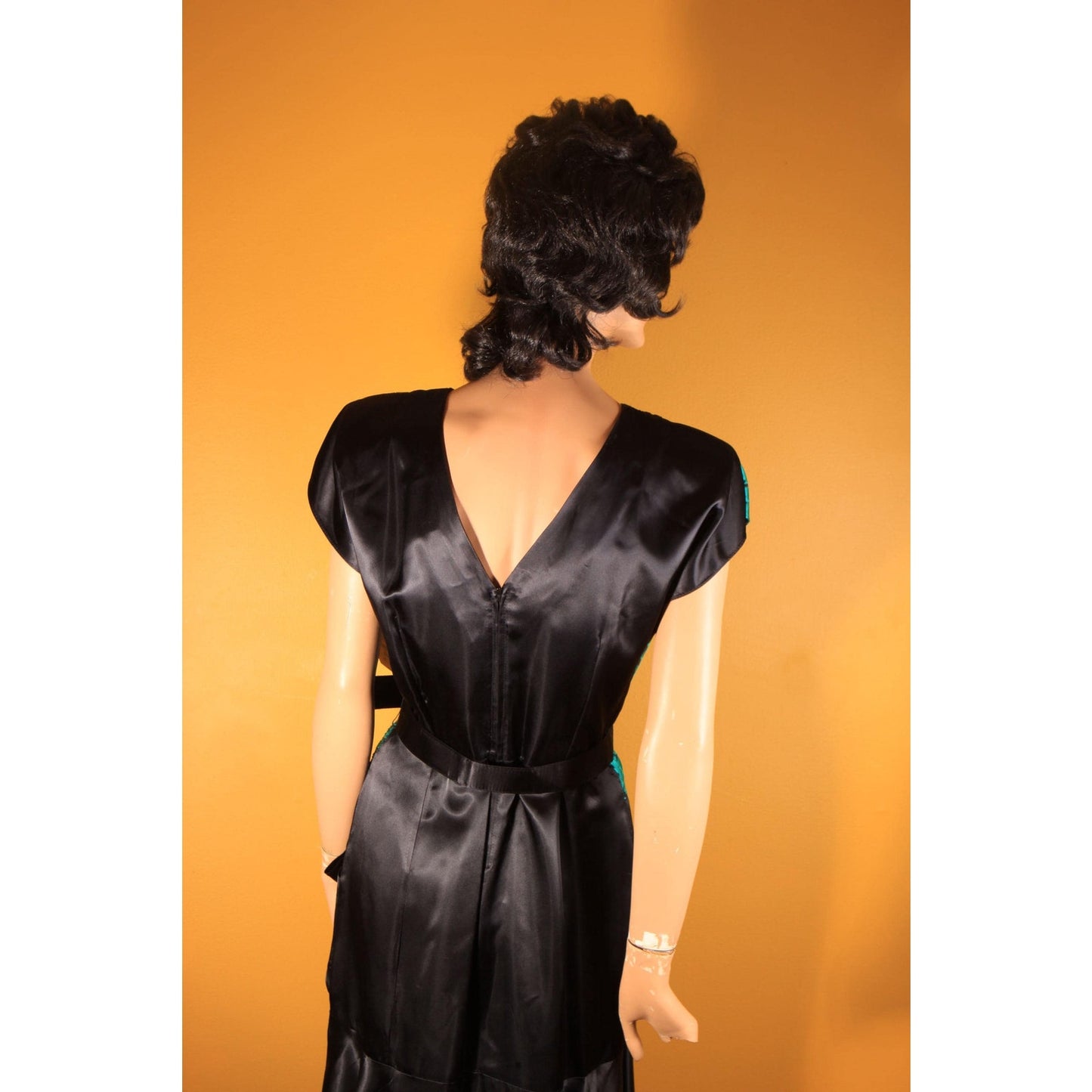 1980s Does 1940s Style Teal Blue Green and Black Sheer Cocktail Dress by Diamond's Run -L