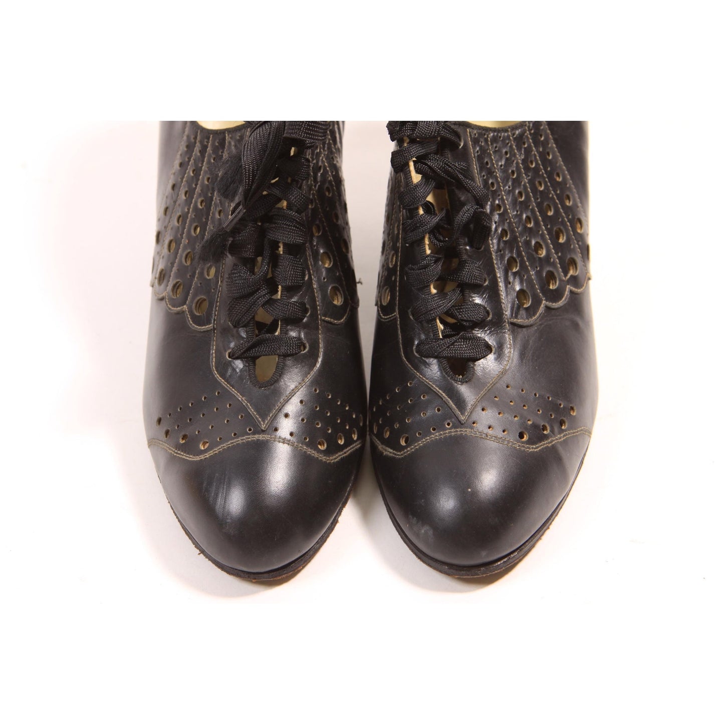1930s Art Deco Black Lace Up Gothic Pointed Toe Pumps High Heels