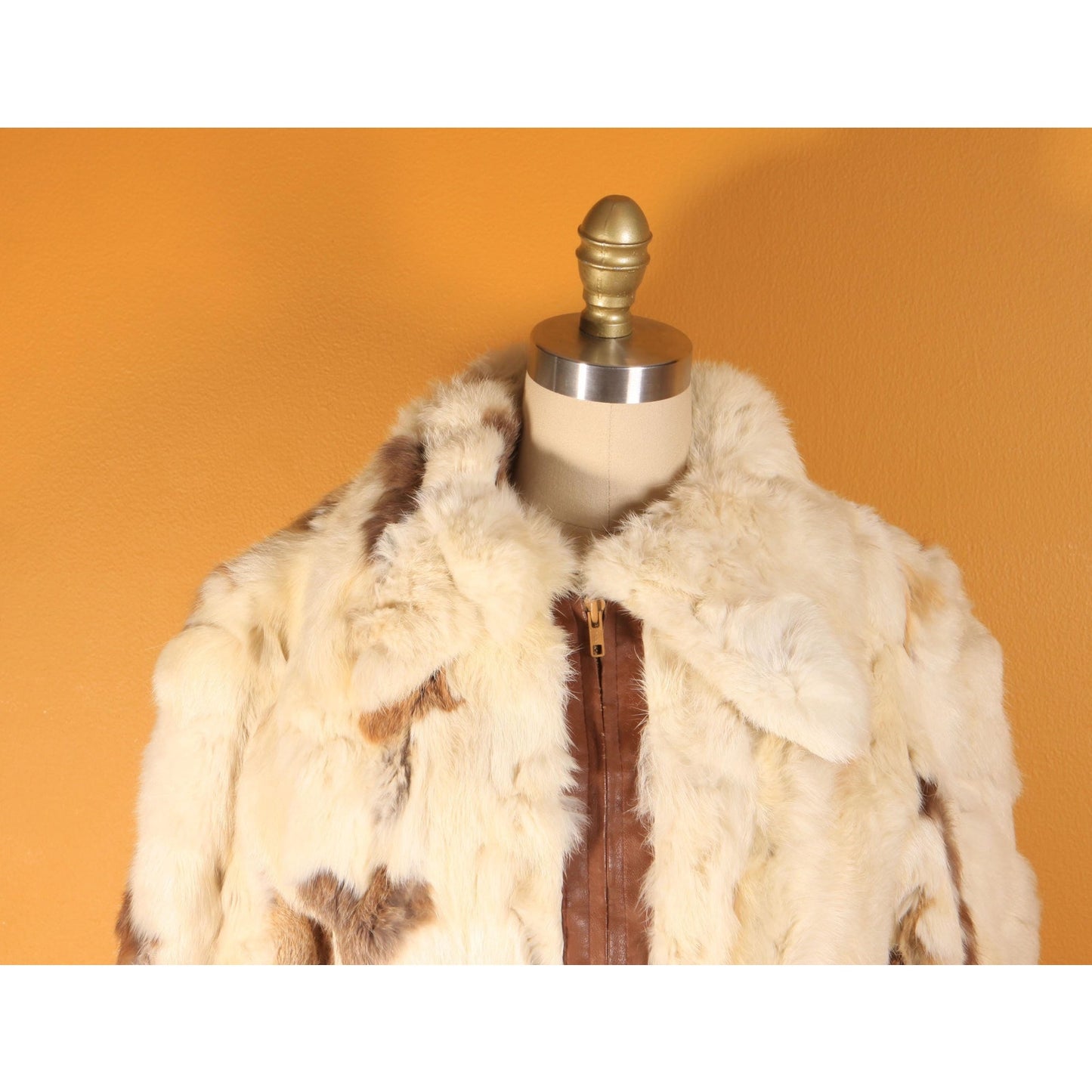 1970s White, Cream, Gray and Brown Multi-Colored Patchwork Rabbit Fur Cropped Coat -S